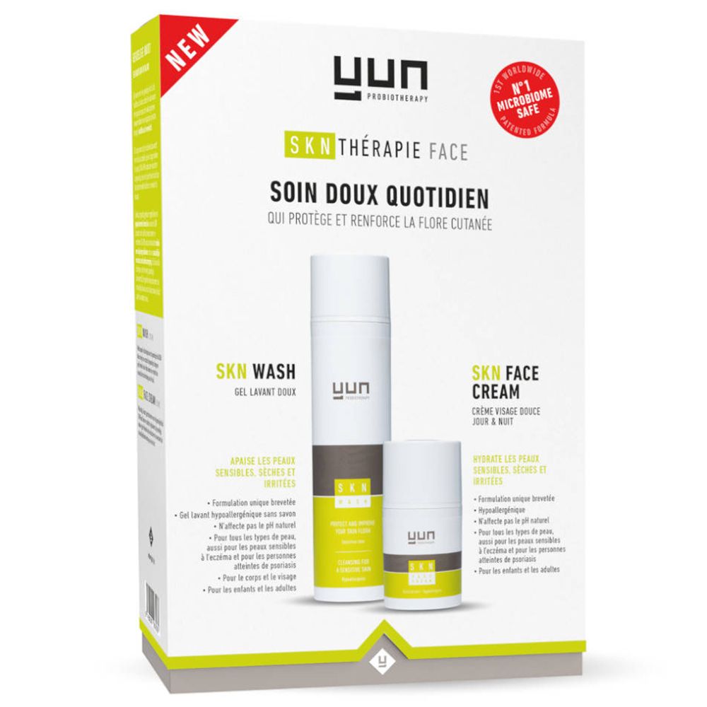 Coffret YUN SKN Thérapie Face avec SKN Wash et SKN Face Cream. Contient un label « Nouveau » et un label de certification.
