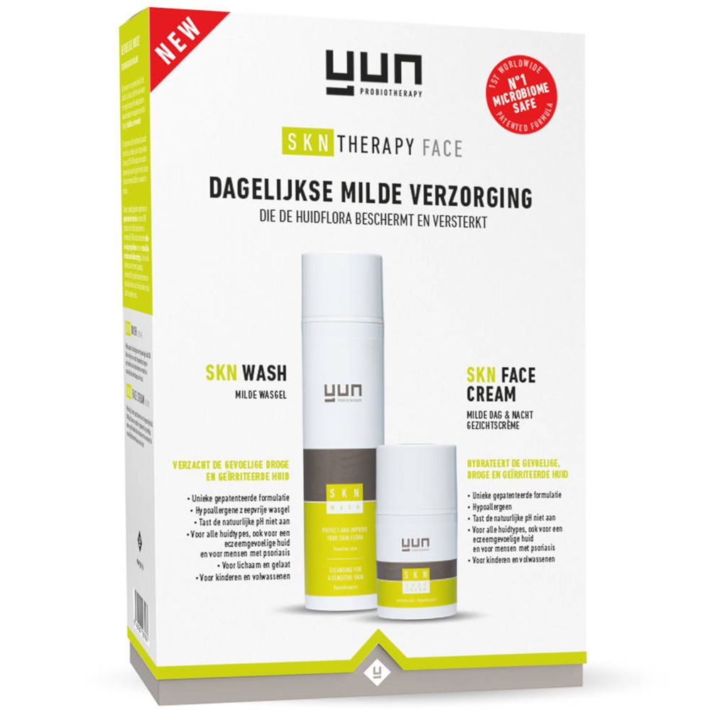 Coffret YUN SKN Thérapie Face avec SKN Wash et SKN Face Cream. Texte en néerlandais.