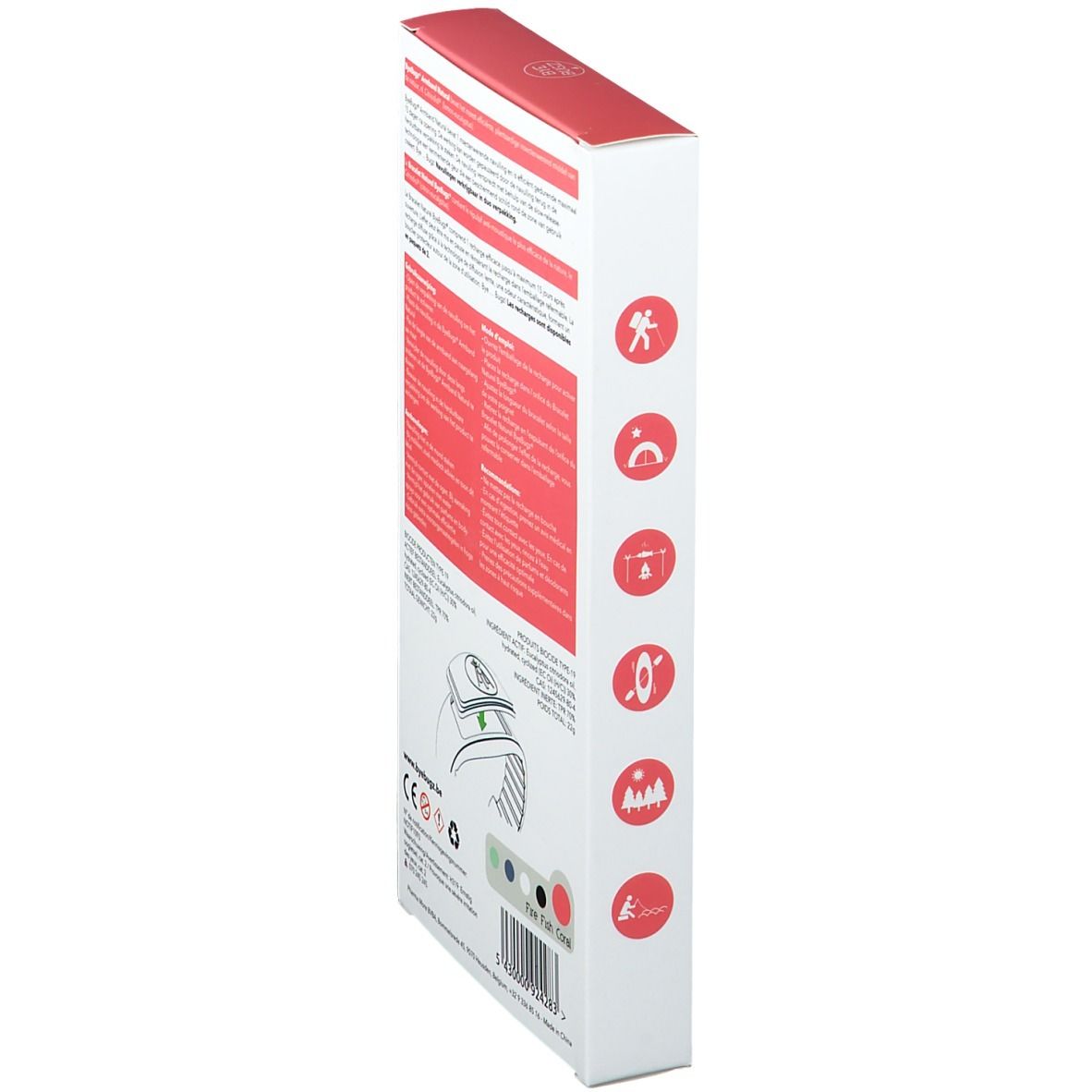 Vue latérale de la boîte. Texte multilingue. Pictogrammes. Marquage CE.