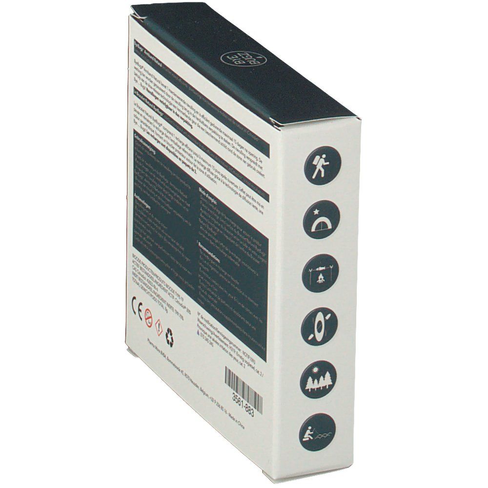 Vue latérale de la boîte avec texte et icônes. Texte : ByeBugz. Icônes pour diverses activités.