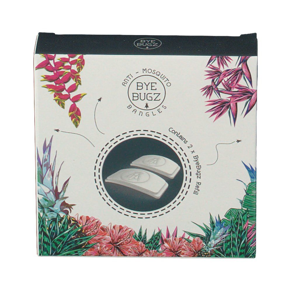 Boîte avec motif floral. Contient deux recharges ByeBugz. Texte : Bracelets anti-moustiques.