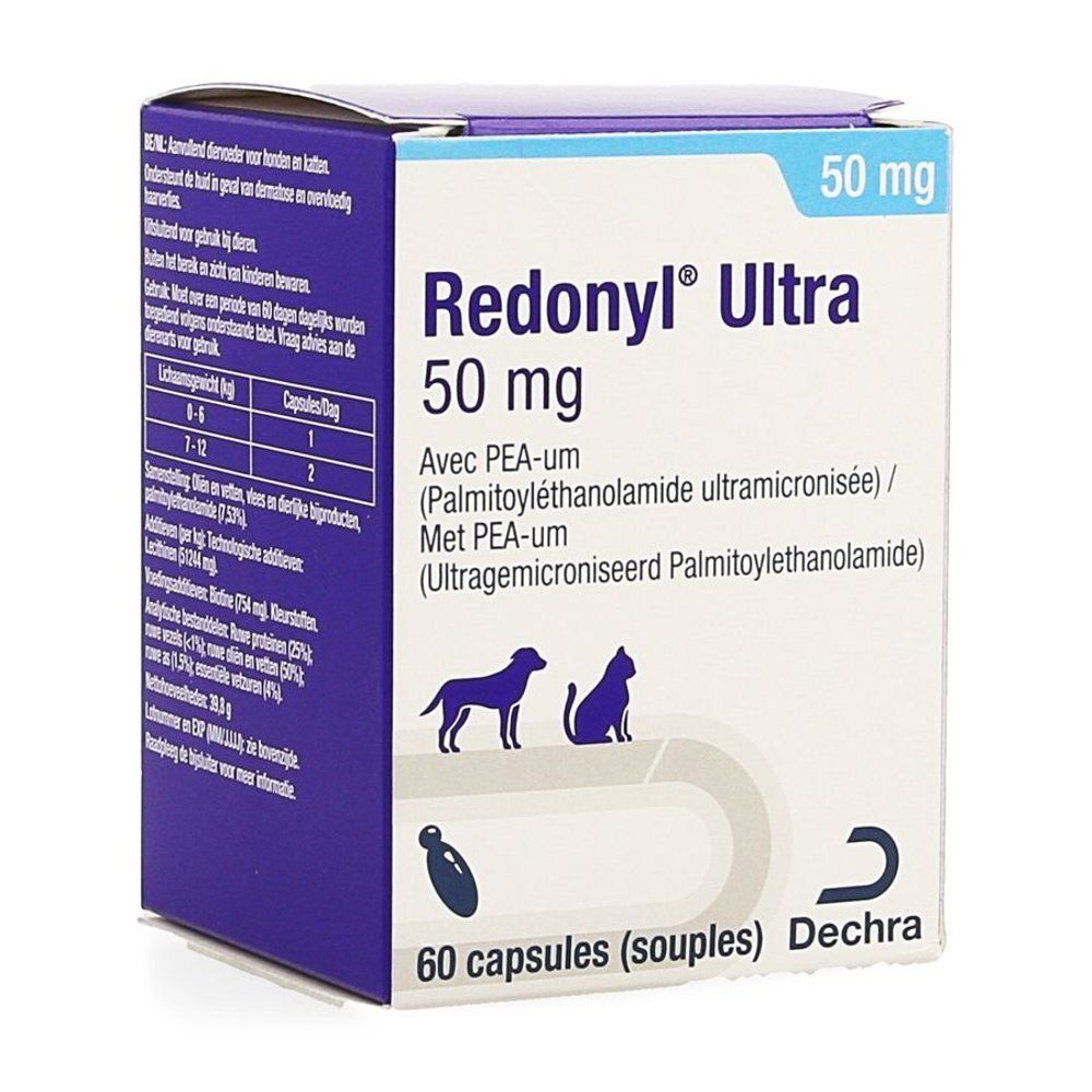 Doos van Redonyl Ultra 50mg, 60 capsules. Bevat illustraties van hond, kat en capsule. Blauwe en witte kleuren.