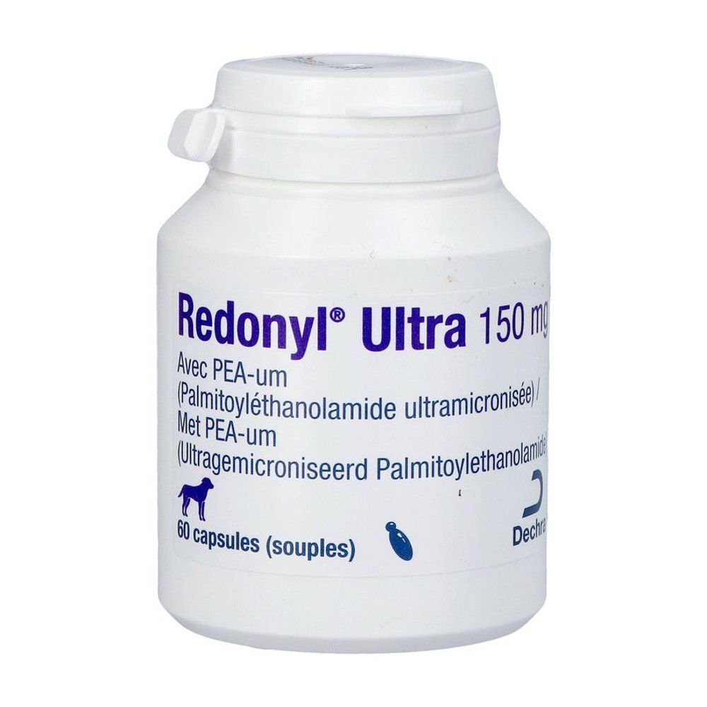 Flacon blanc de Redonyl Ultra 150 mg. Contient 60 capsules. Inscription PEA-um. Marque Dechra.