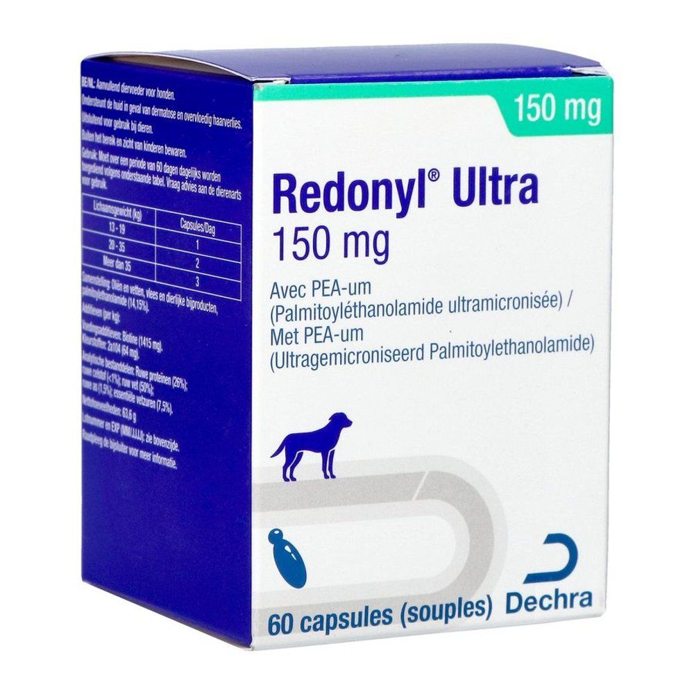 Boîte de Redonyl Ultra 150 mg avec 60 capsules. Inscription PEA-um. Marque Dechra.