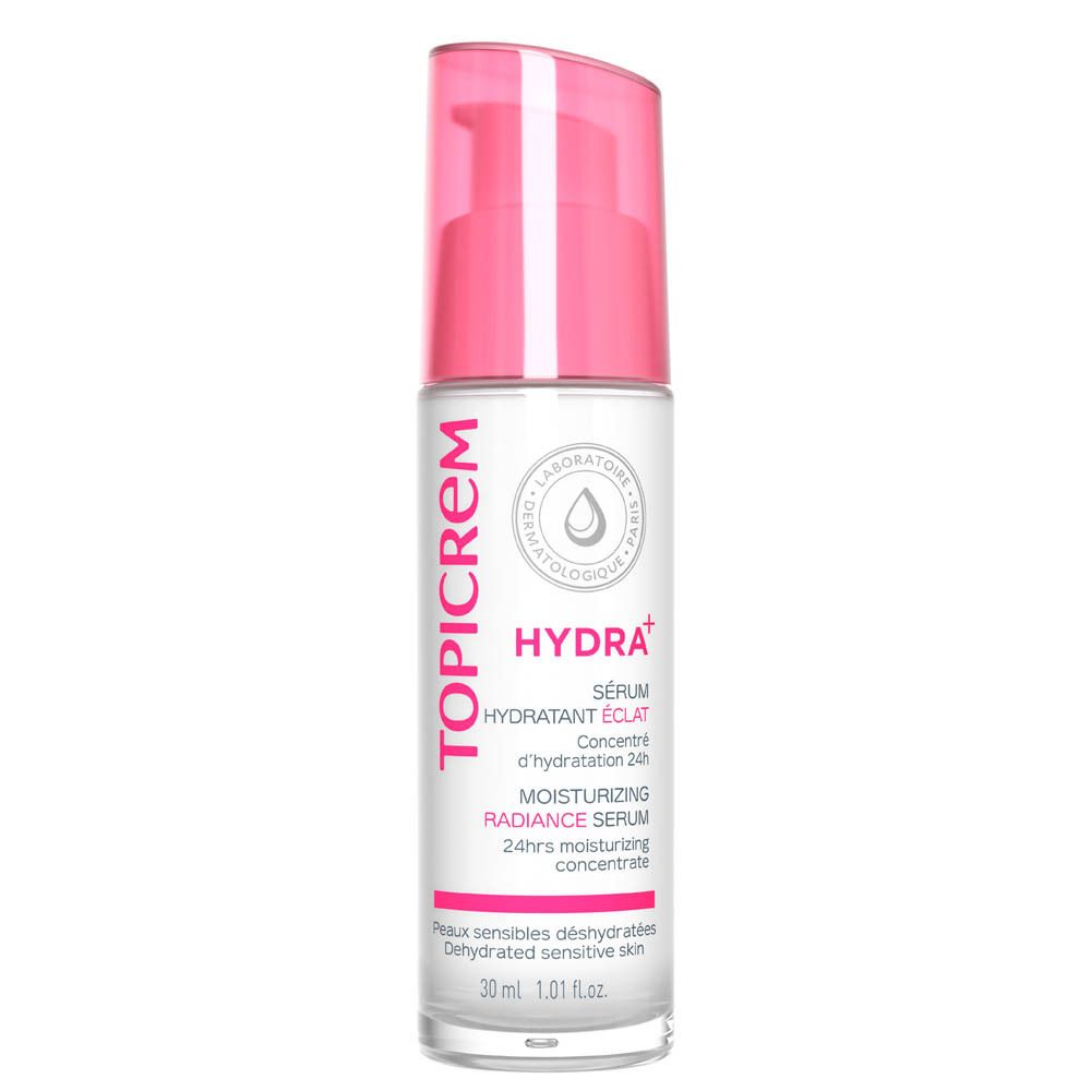 Serumfles met roze pomp. Opschrift: TOPICREM, HYDRA+, SERUM, MOISTURIZING RADIANCE. 30 ml.