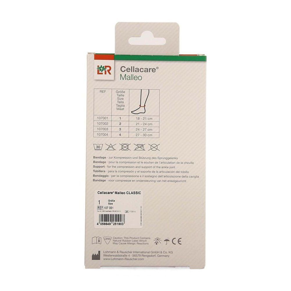 Achterkant van de verpakking Cellacare Malleo Classic. Productnaam, maatindicaties, wassymbolen en fabrikantinfo.