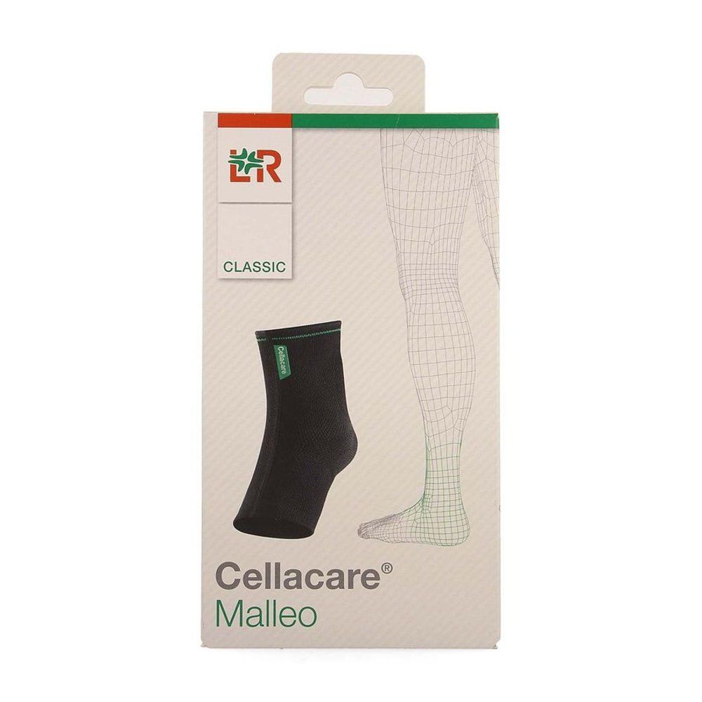 Cellacare Malleo Classic, product in verpakking. Zwart verband, groene accenten. Illustratie van een been.