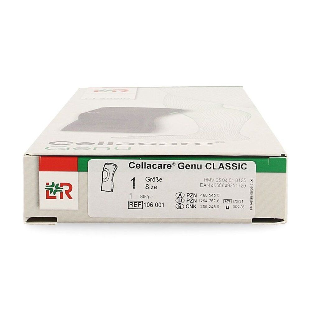 Verpakking, bovenaanzicht. Opdruk: Cellacare Genu CLASSIC, maat 1. Label met productinfo.