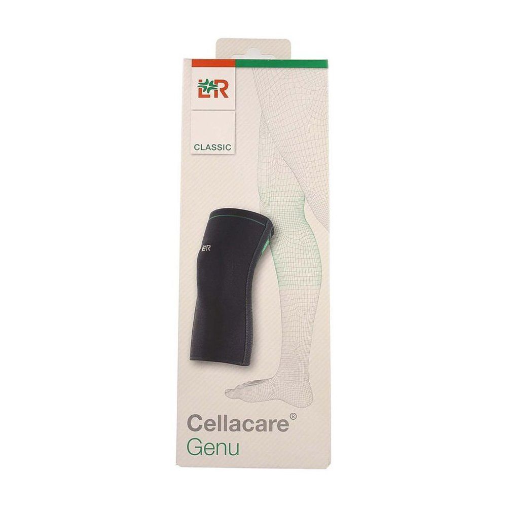 Verpakking met kniebrace. Opdruk: Cellacare Genu, Classic. Illustratie van een been.