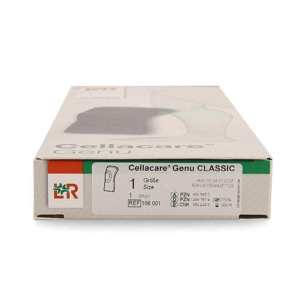 Cellacare Genu Classic verpakking. Groen-witte doos met productafbeelding en maatindicatie. Opschrift: Cellacare Genu CLASSIC.