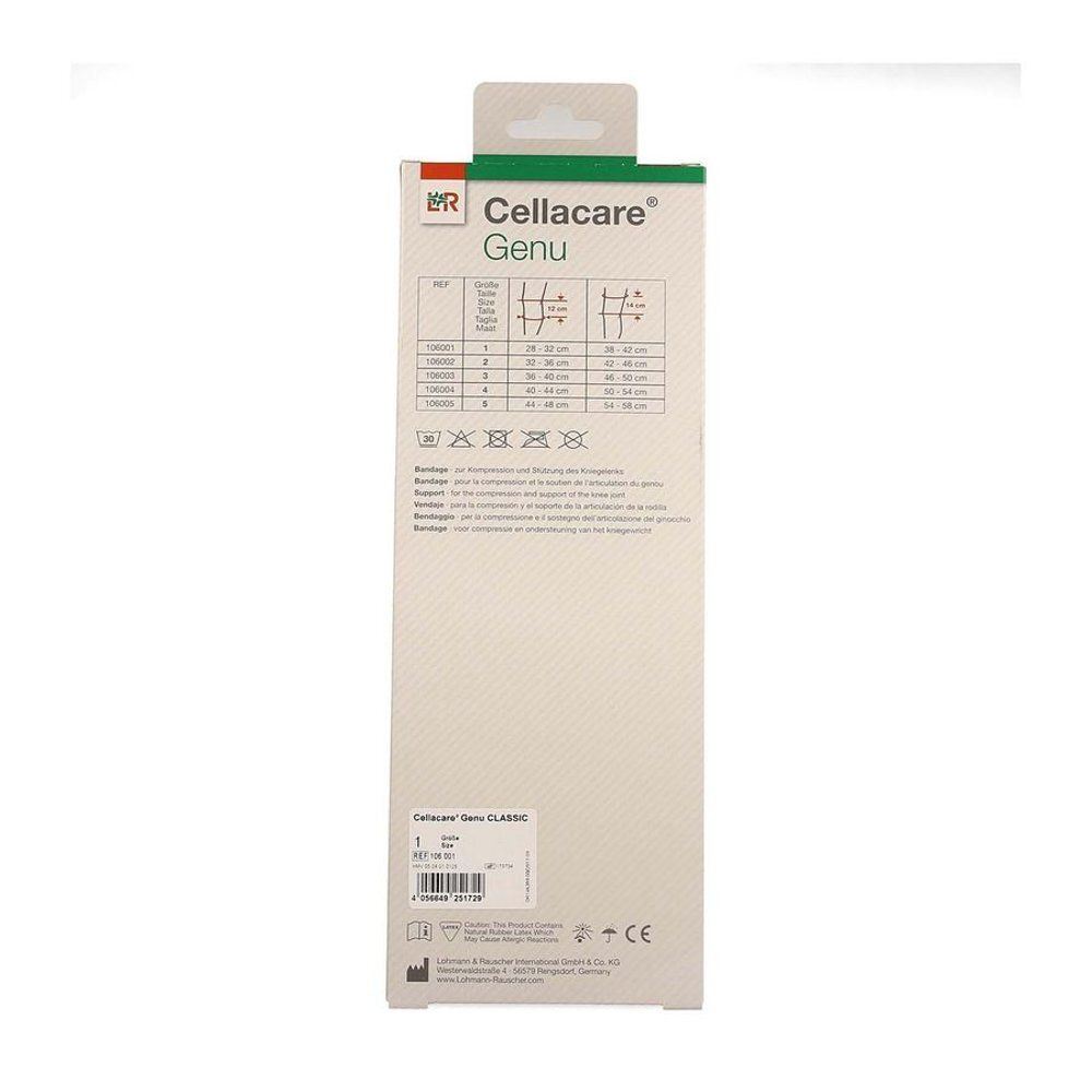 Achterkant van de Cellacare Genu Classic verpakking. Maatindicaties en wassymbolen. Opschrift: Cellacare Genu Classic.