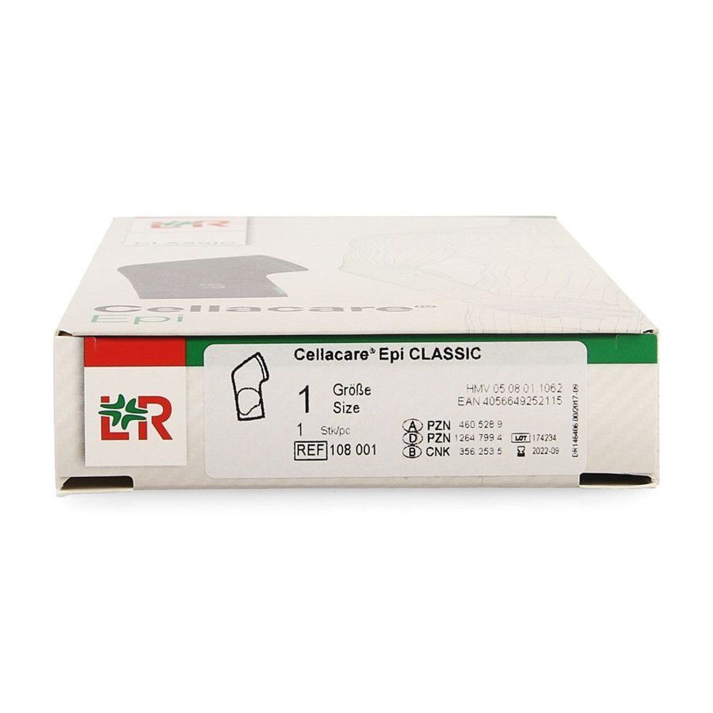 Verpakking, bovenaanzicht. Productnaam en maat 1. Logo en productafbeelding.