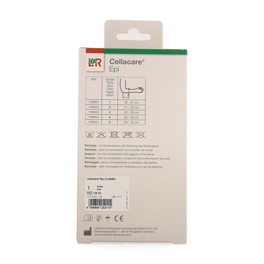 Achterkant van de Cellacare Epi Classic verpakking. Bevat maat informatie en wassymbolen. Logo L&R. CE-markering.