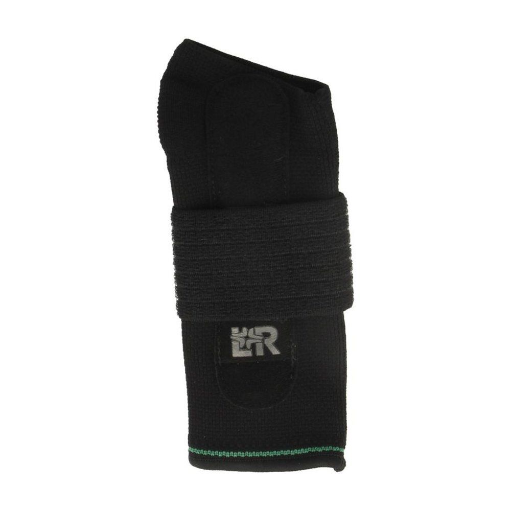 Attelle de poignet noire avec détail vert. Matériau élastique. Logo visible.