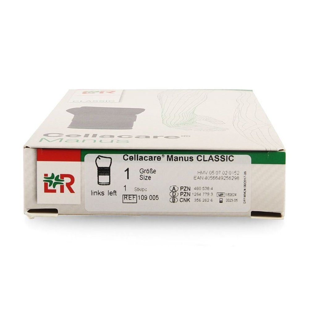 Dessus de l'emballage avec informations produit. Cellacare Manus Classic, taille 1, gauche.