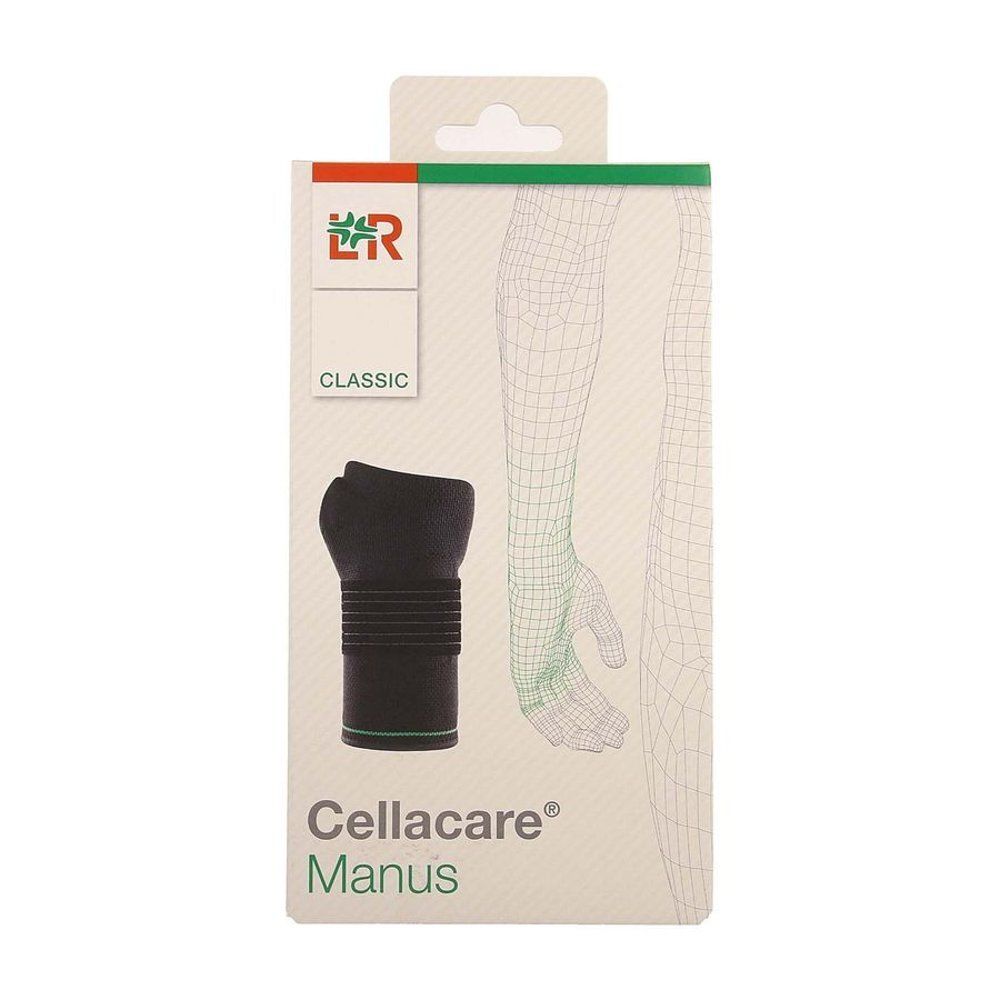 Cellacare Manus Classic, attelle de poignet, emballée. Noire, accent vert. Inscription: Cellacare Manus, Classic. Illustration d'un bras.