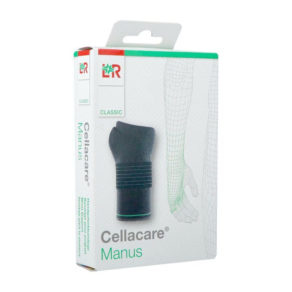 Cellacare Manus Classic, attelle de poignet, emballée. Noire, accent vert. Inscription: Cellacare Manus, Classic. Illustration d'un bras.
