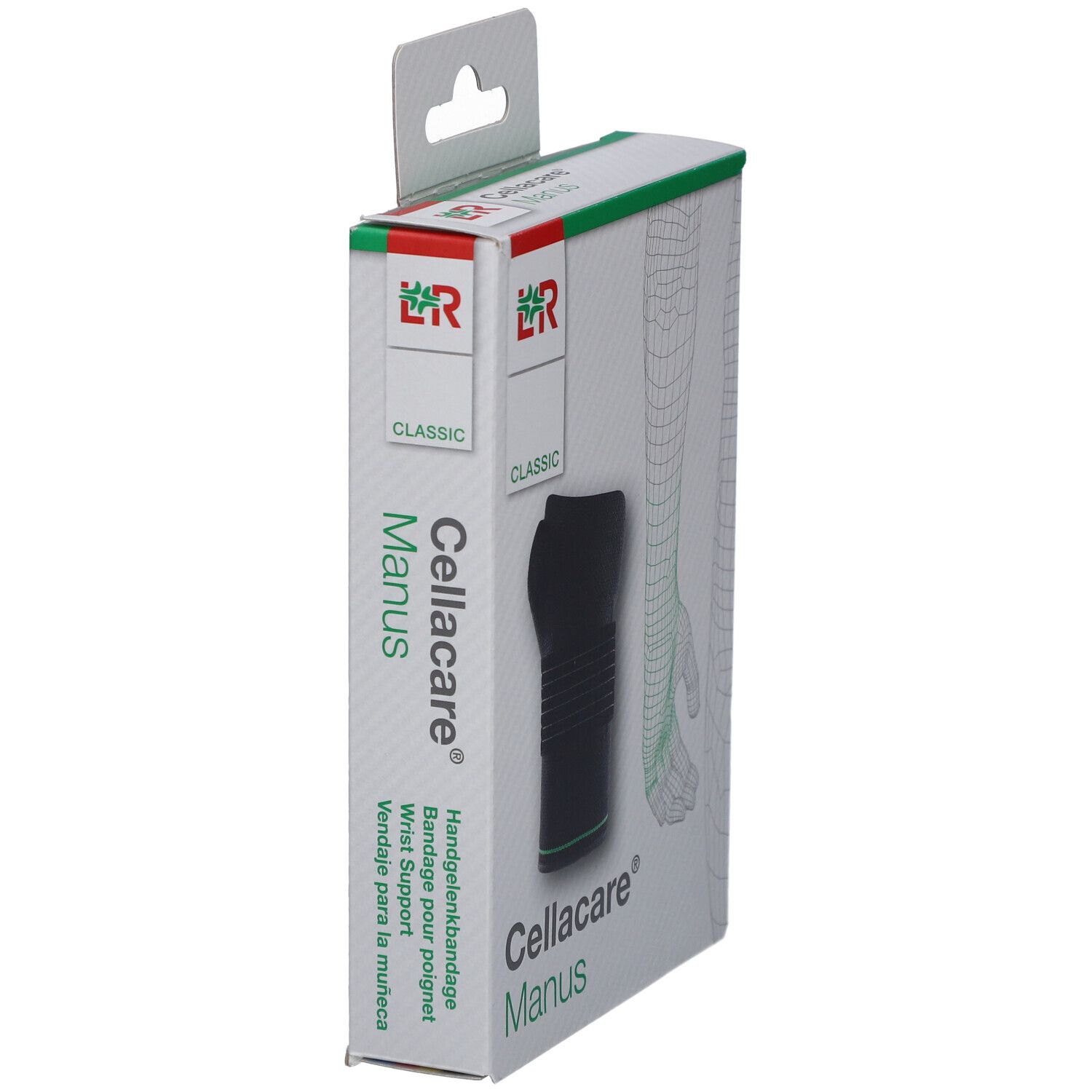 Verpakking Cellacare® Manus Classic. Zwarte brace, groene accenten. Tekst: Polsbrace, Wrist Support.