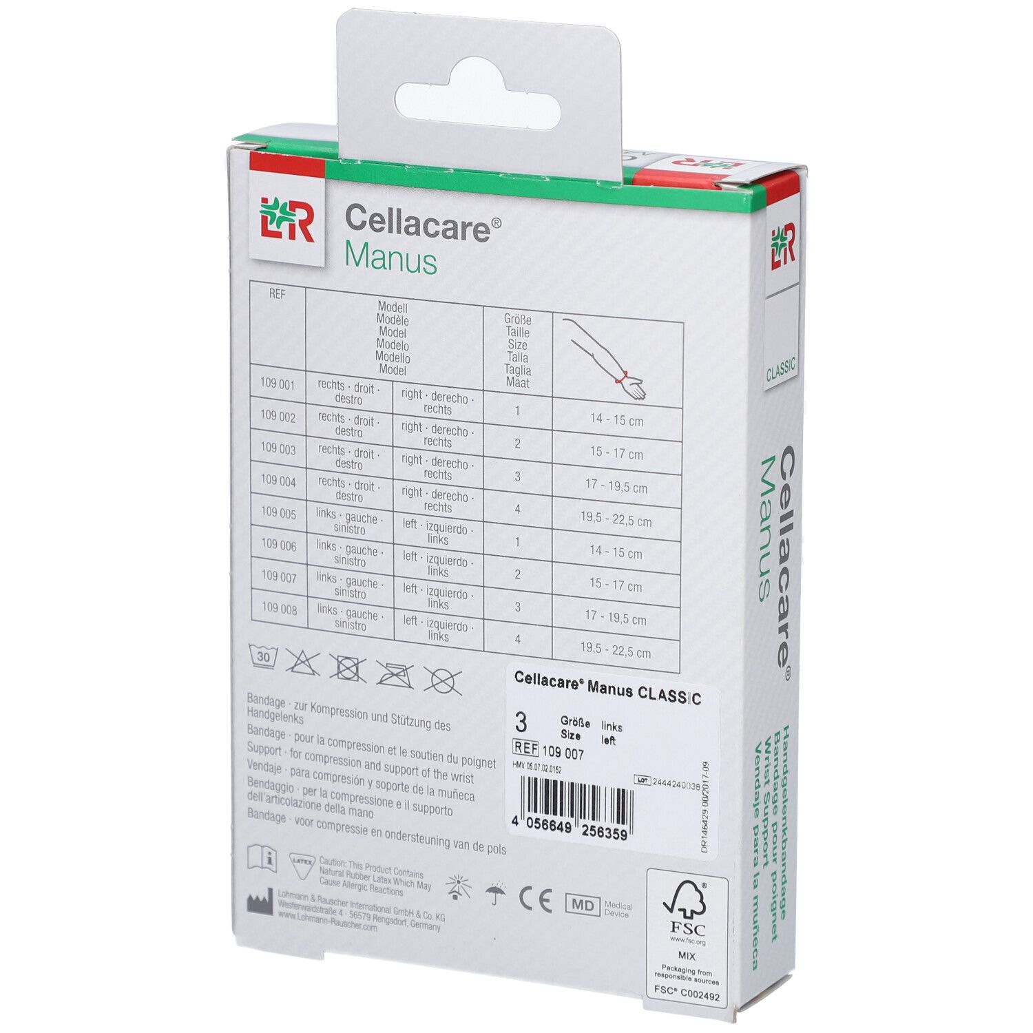 Achterkant verpakking Cellacare® Manus Classic. Maattabel, productinfo, logo, barcode en certificeringen.
