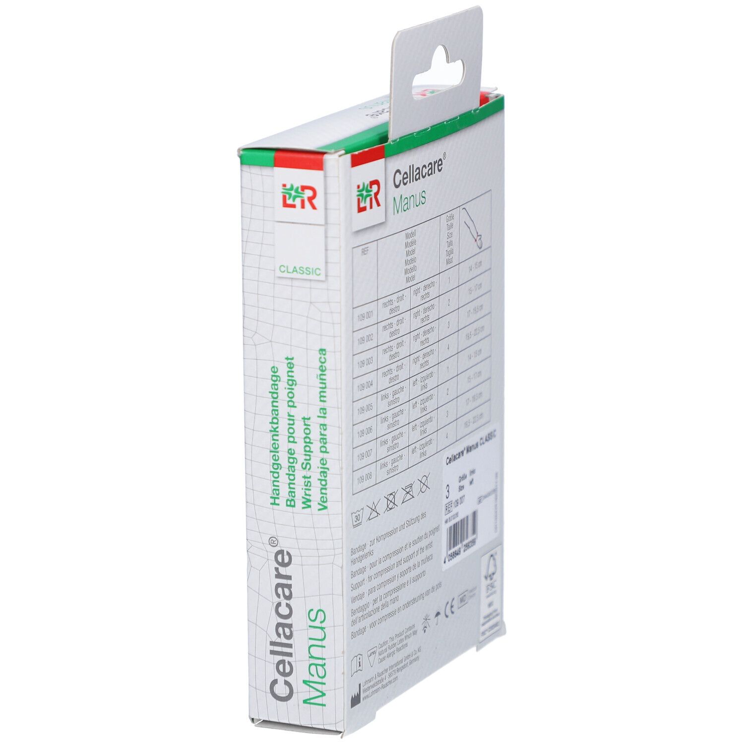 Zijkant verpakking Cellacare® Manus Classic. Tekst: Polsbrace, Wrist Support. Logo en productnaam.