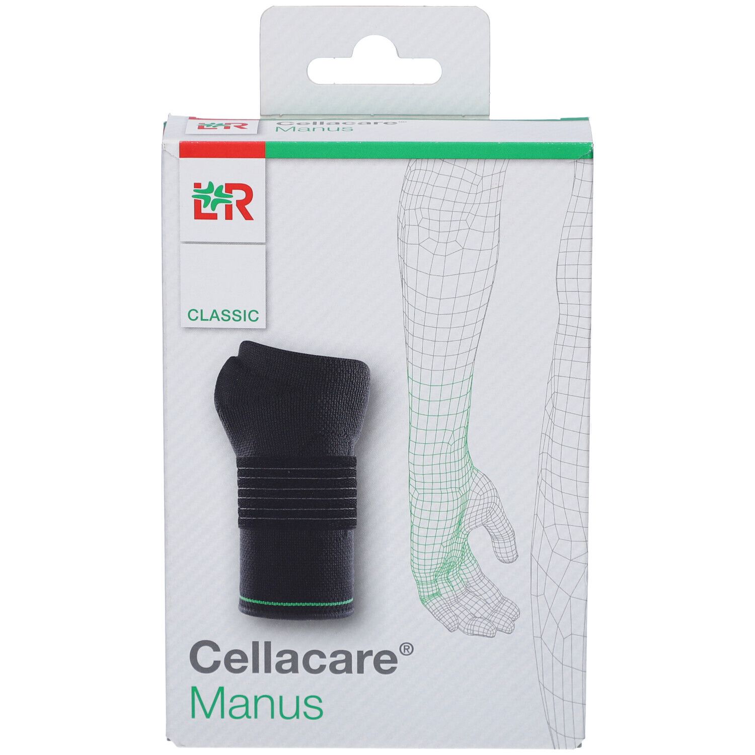Verpakking Cellacare® Manus Classic. Zwarte brace, groene accenten. Logo en tekst Cellacare® Manus.