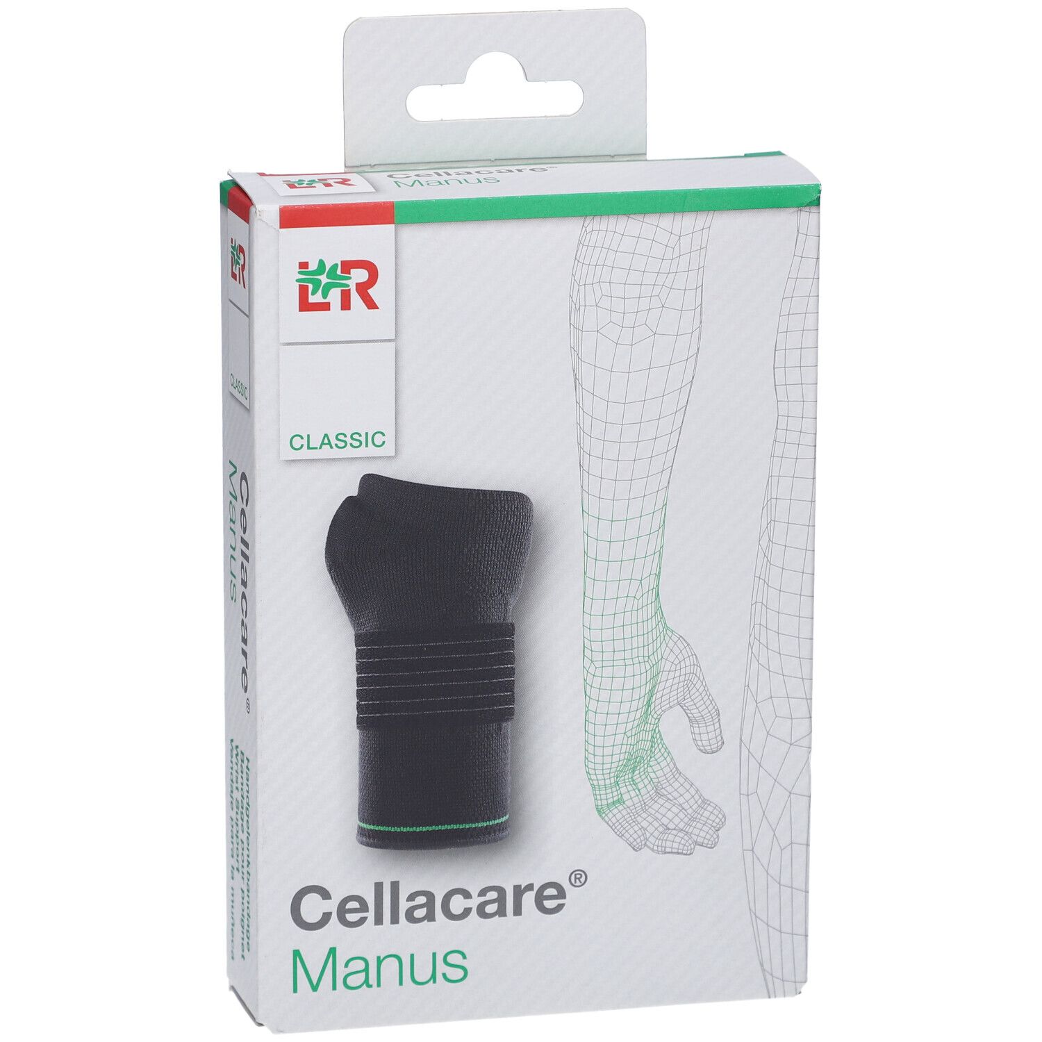 Verpakking Cellacare® Manus Classic. Zwarte brace, groene accenten. Logo en tekst Cellacare® Manus.