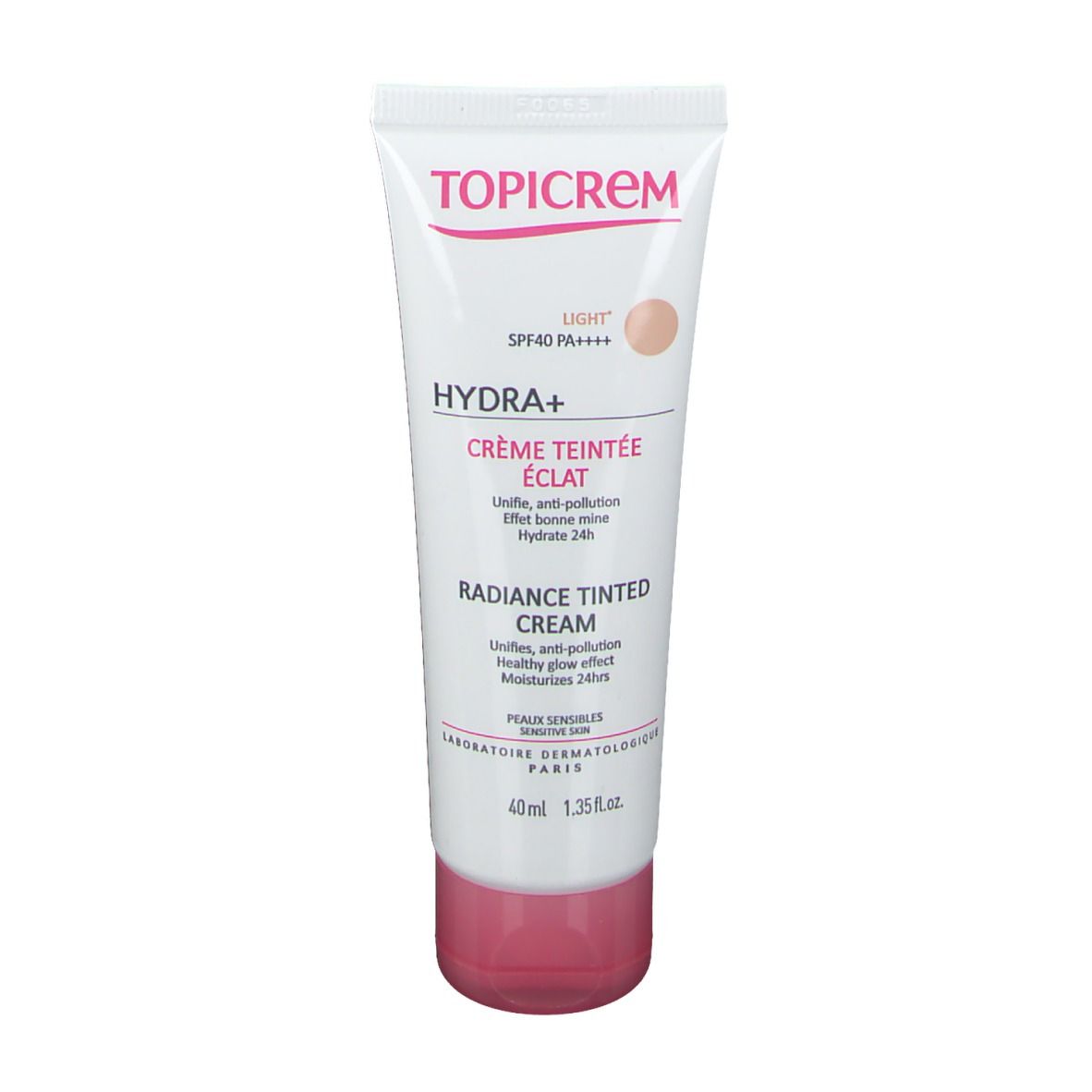 Tube TOPICREM HYDRA+ Crème Teintée Éclat Light LSF 40. Blanc, rose et beige. Inscription : Radiance Tinted Cream, Crème Teintée Éclat.