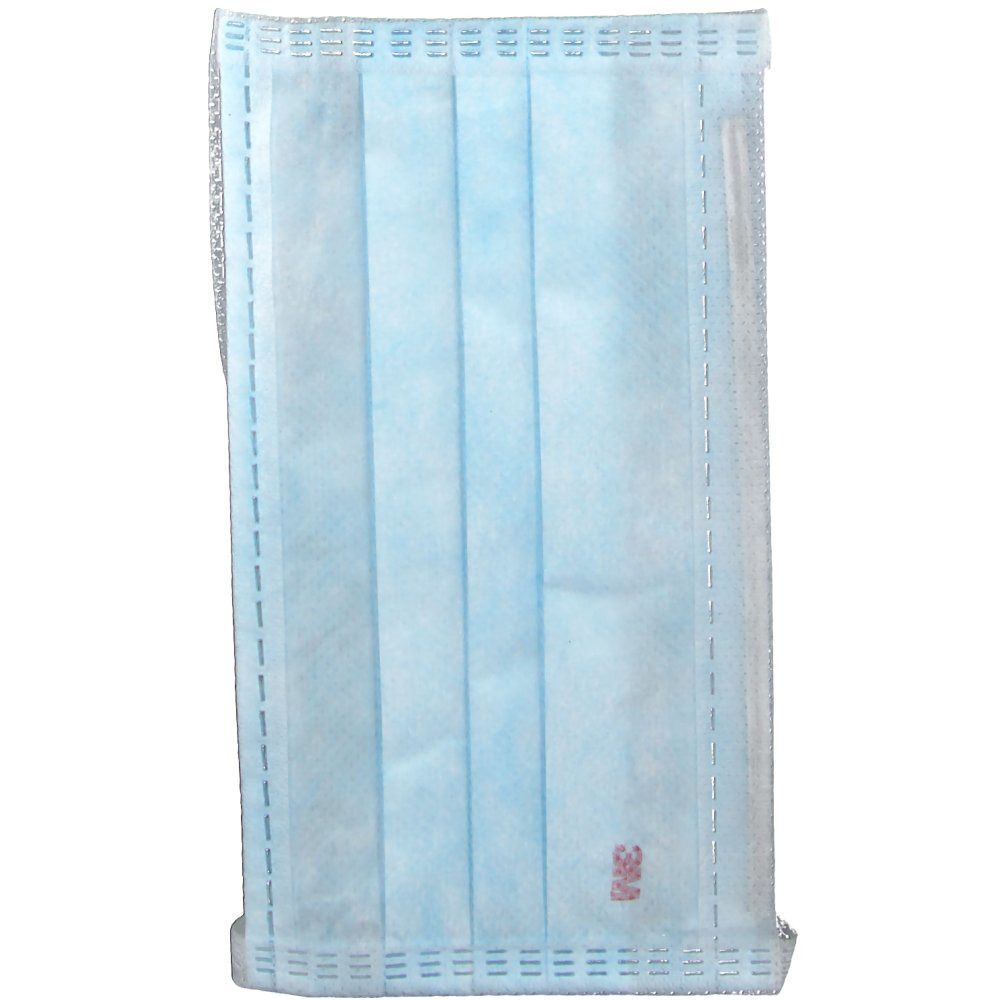 Gevouwen lichtblauw chirurgisch masker. 3M-logo in de hoek. Naden zichtbaar.