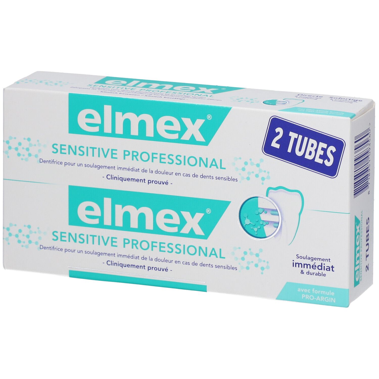 Emballage de dentifrice "elmex SENSITIVE PROFESSIONAL". Deux tubes. Turquoise et blanc.