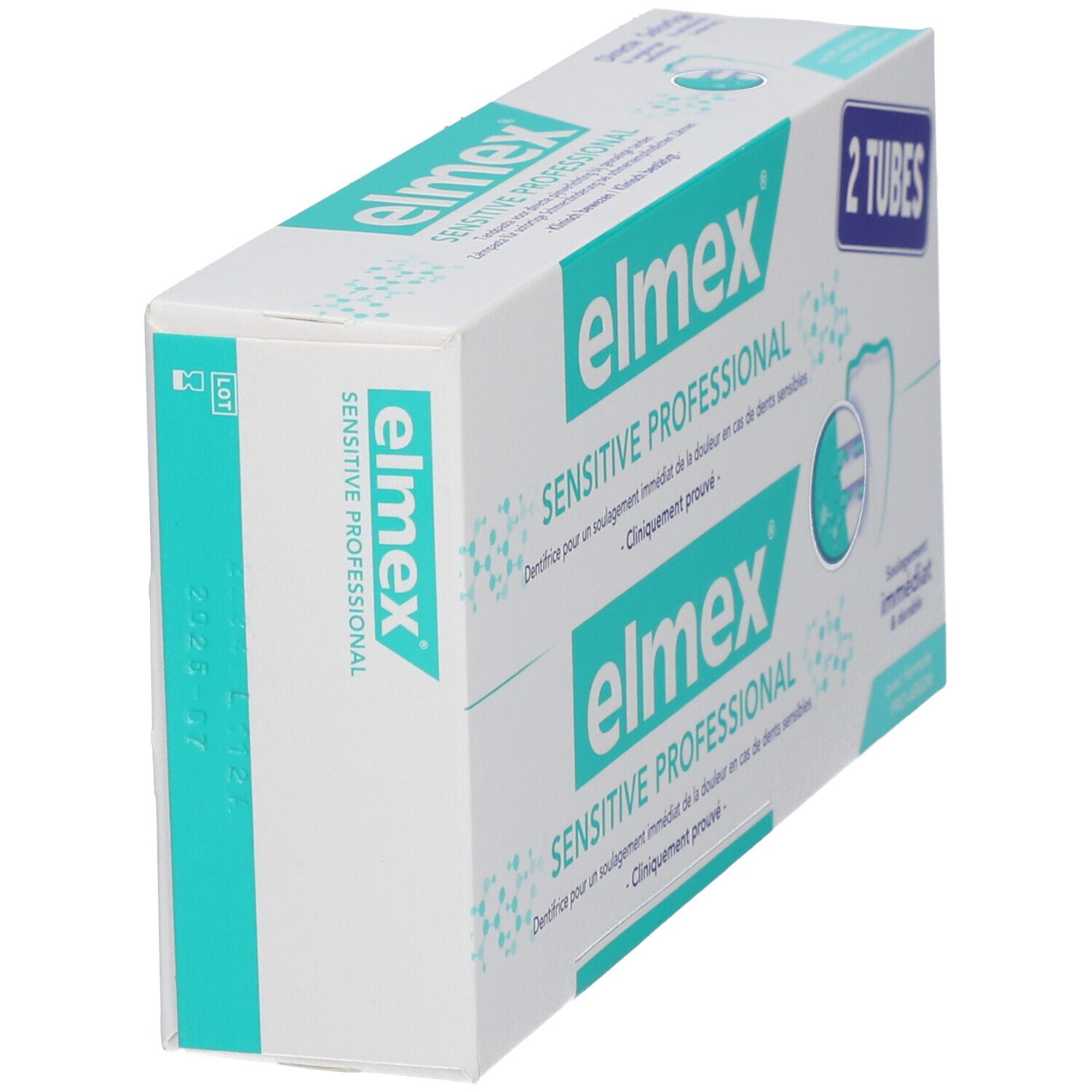 Vue oblique de l'emballage de dentifrice "elmex SENSITIVE PROFESSIONAL". Deux tubes. Turquoise et blanc.