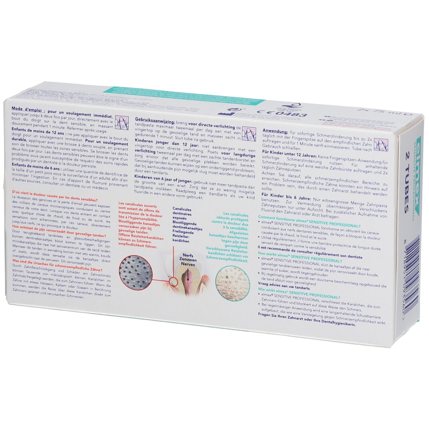 Dos de l'emballage de dentifrice "elmex SENSITIVE PROFESSIONAL". Texte multilingue, illustrations.