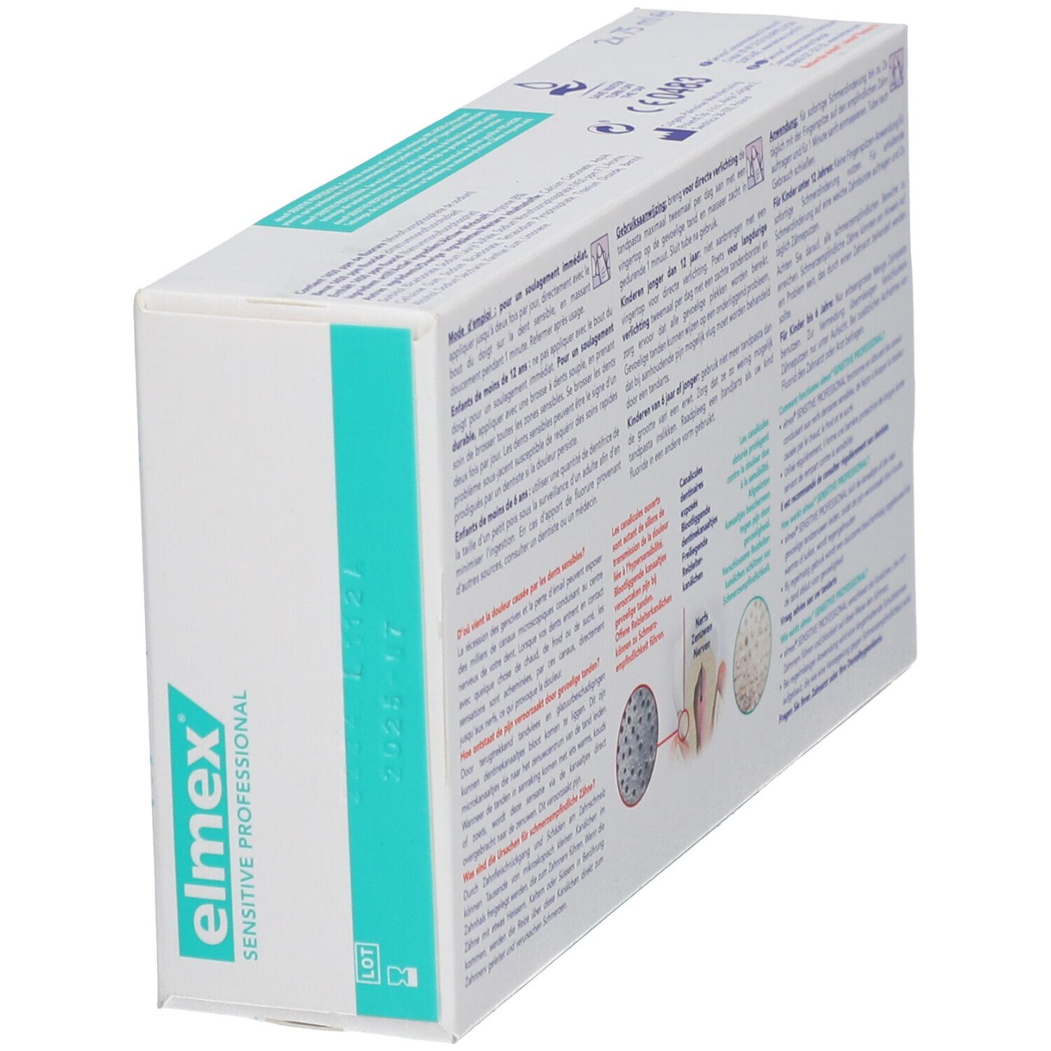 Vue oblique du dos de l'emballage de dentifrice "elmex SENSITIVE PROFESSIONAL". Texte et illustrations.