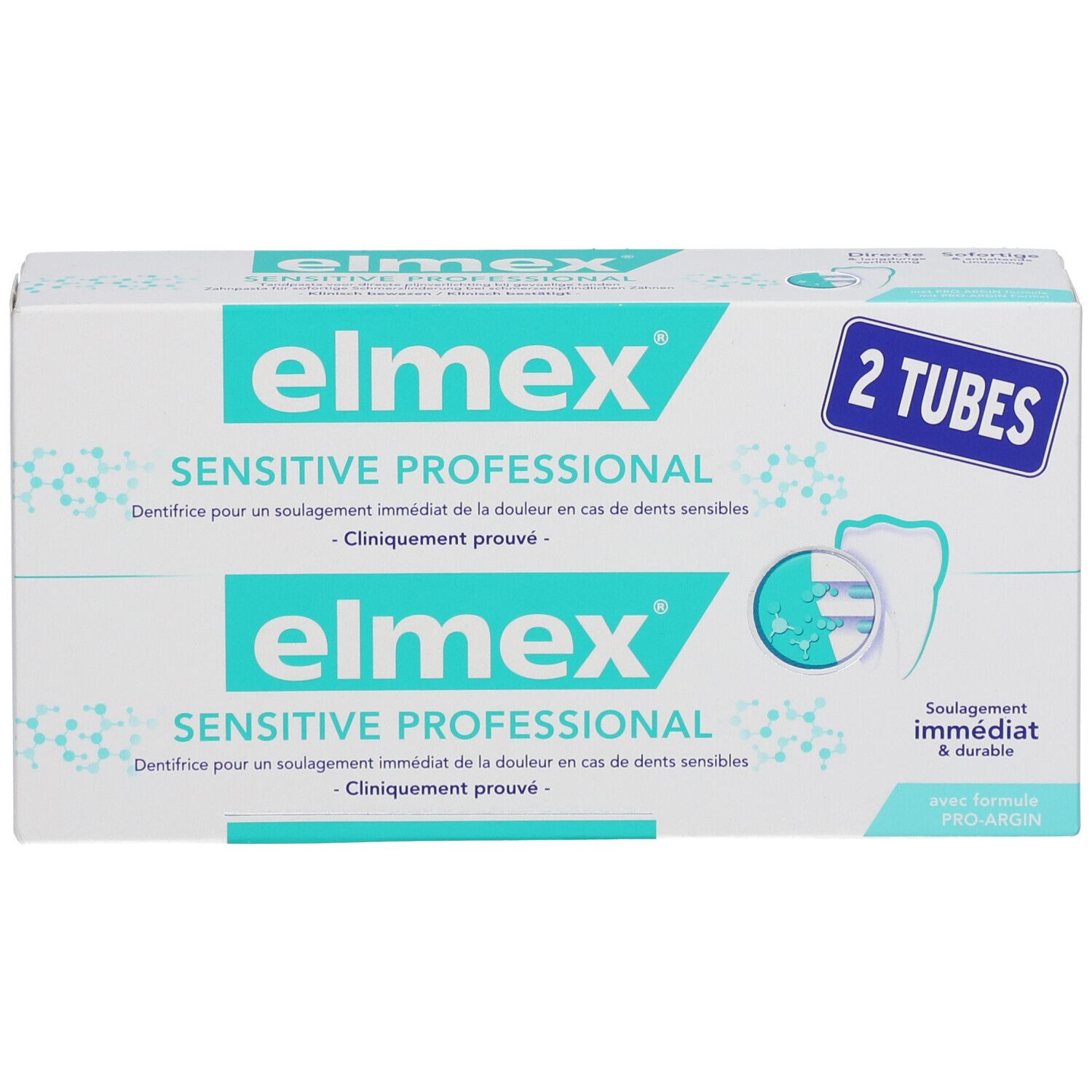 Emballage de dentifrice "elmex SENSITIVE PROFESSIONAL". Deux tubes. Turquoise et blanc.