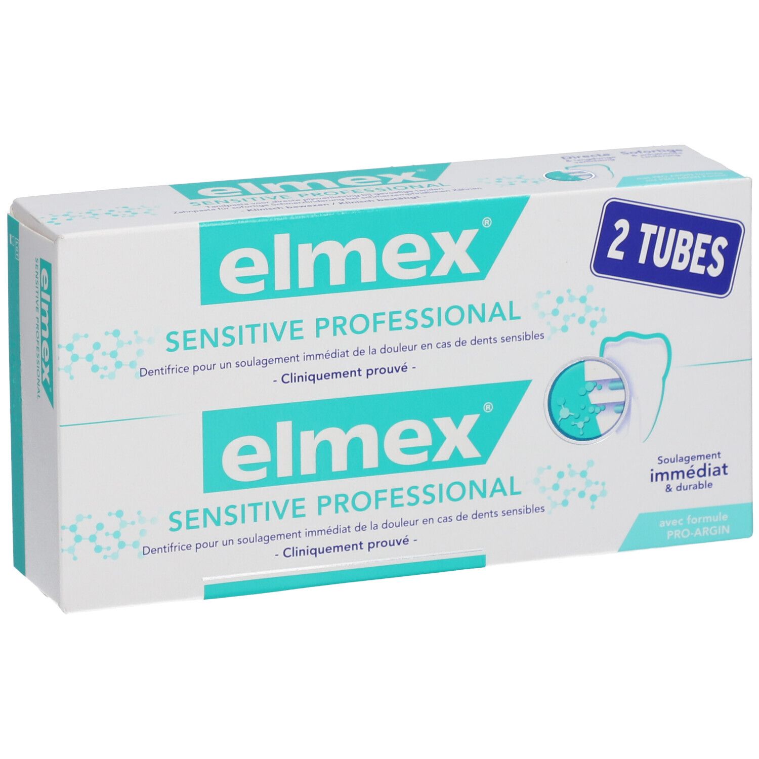 Emballage de dentifrice "elmex SENSITIVE PROFESSIONAL". Deux tubes. Turquoise et blanc.