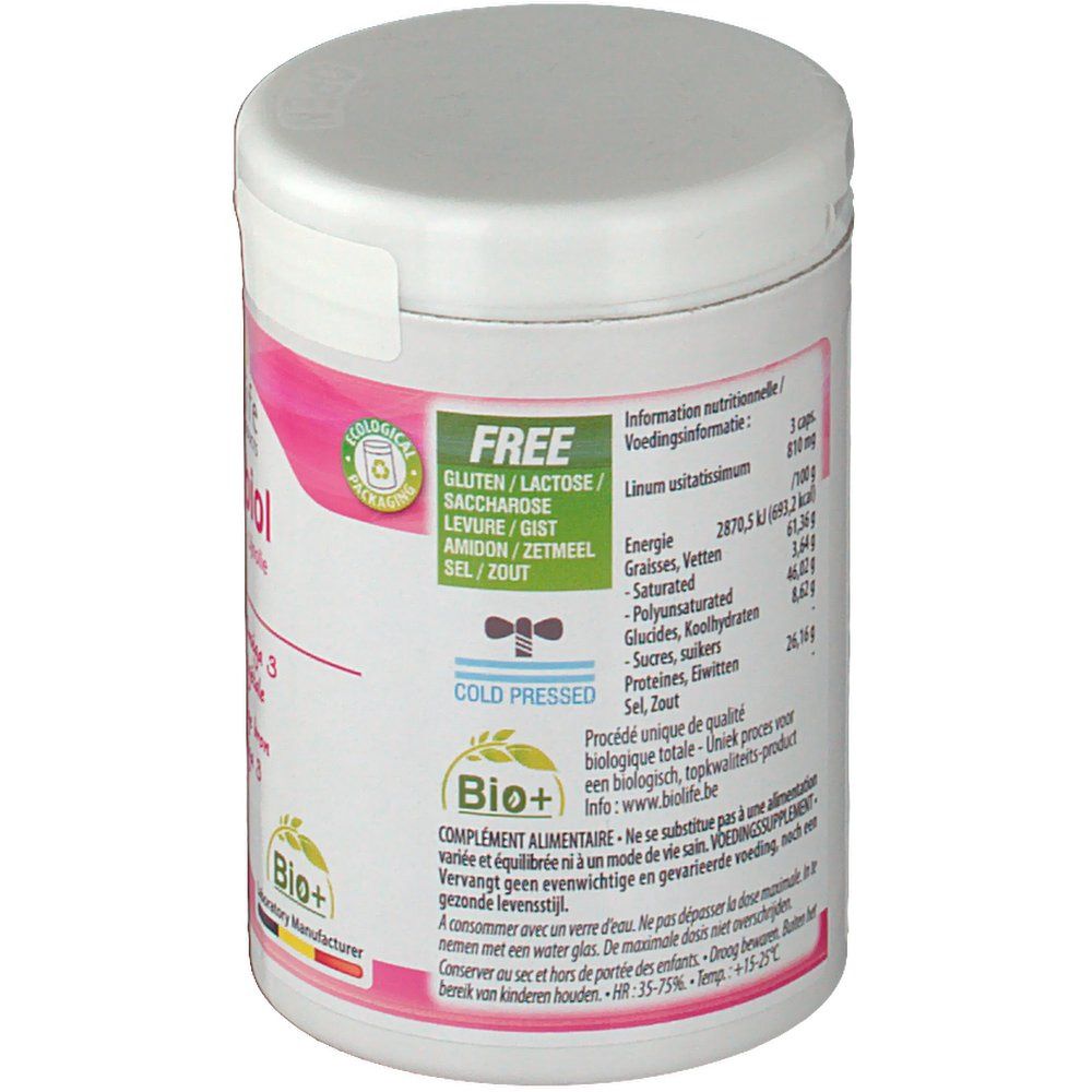 Witte pot met roze etiket. Tekst: FREE, Gluten/Lactose/Saccharose, Gist/Gist, Amidon/Zetmeel, Sel/Zout. Bio+ logo.