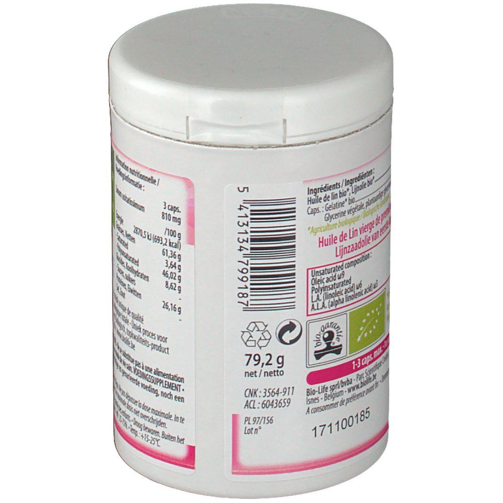 Witte pot met roze etiket. Tekst: Ingrediënten, 79,2 g, bio-label, CNK, ACL, PL. Bio-Life logo. Voedingsinformatie.