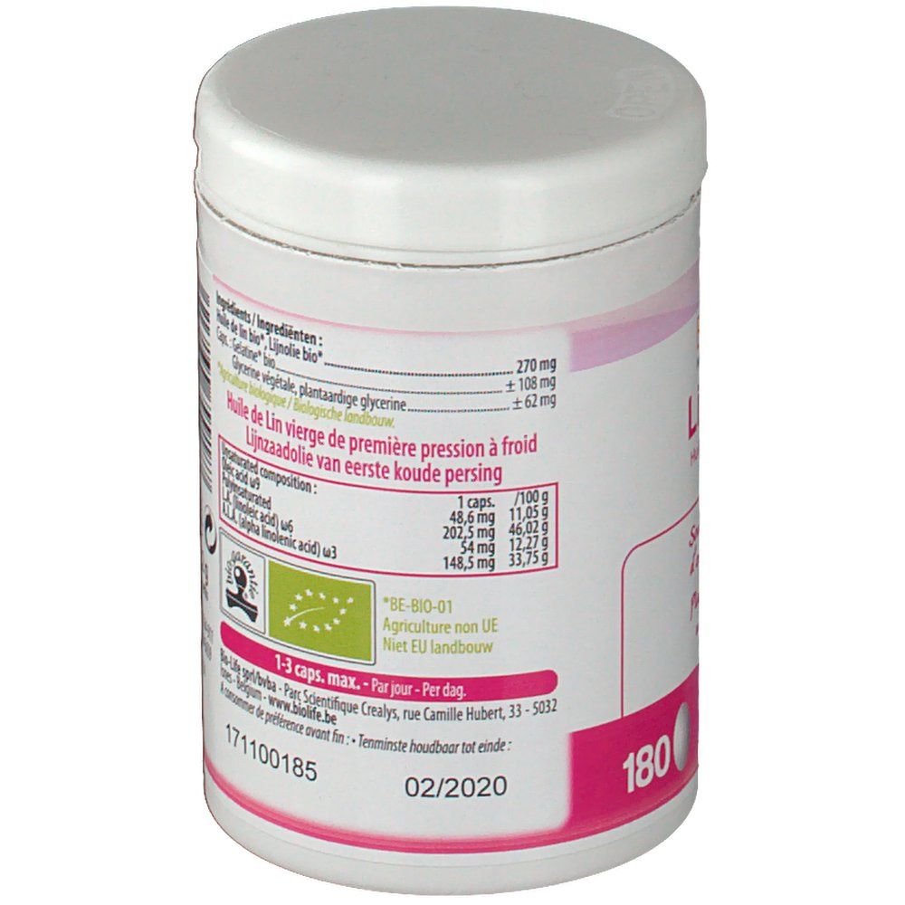 Witte pot met roze etiket. Tekst: Ingrediënten, 180, ten minste houdbaar tot 02/2020, bio-label. Voedingsinformatie.