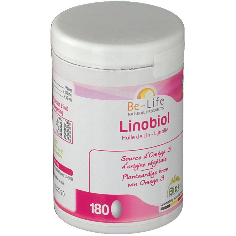 Witte pot met roze etiket. Tekst: Be-Life, Linobiol, 180, Source d'Oméga 3, Bio+ logo. Capsule zichtbaar.