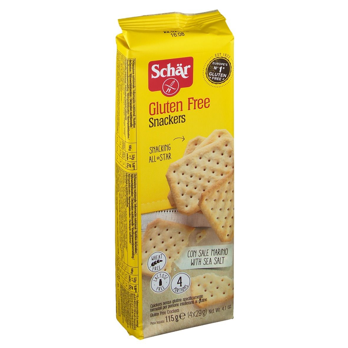 Gele verpakking van glutenvrije Snackers. Opschrift: Schär, Gluten Free, Snackers, met zeezout. Bevat 4 porties.