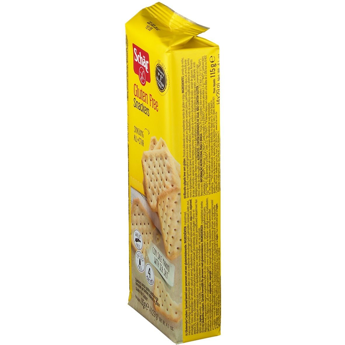 Gele verpakking van glutenvrije Snackers. Opschrift: Schär, Gluten Free, Snackers. Zijaanzicht met tekst.