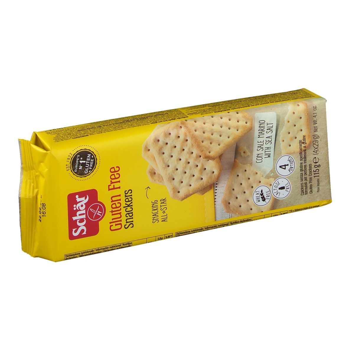 Gele verpakking van glutenvrije Snackers. Opschrift: Schär, Gluten Free, Snackers, met zeezout. Bevat 4 porties.