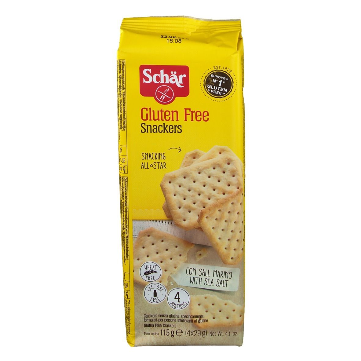 Gele verpakking van glutenvrije Snackers. Opschrift: Schär, Gluten Free, Snackers, met zeezout. Bevat 4 porties.