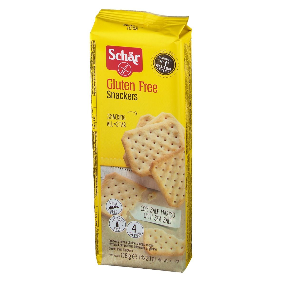 Gele verpakking van glutenvrije Snackers. Opschrift: Schär, Gluten Free, Snackers, met zeezout. Bevat 4 porties.