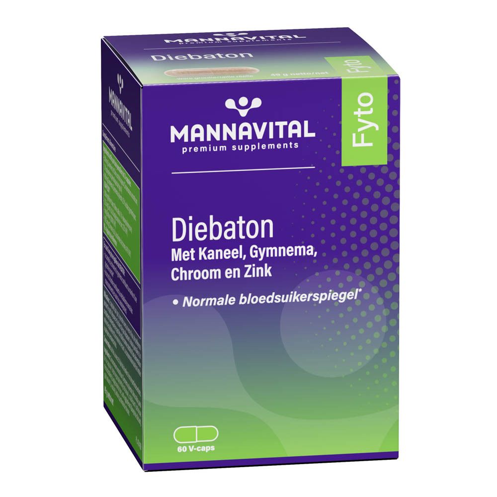 Boîte Mannavital Diebaton. Inscriptions : nom du produit, ingrédients, 60 V-caps. Couleur : violet et vert.