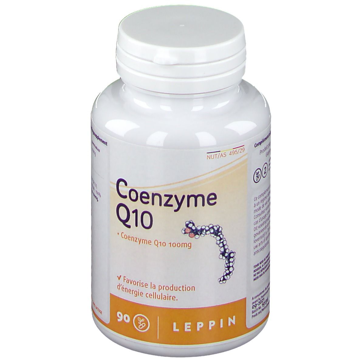 Witte fles met capsules. Opschrift: Coenzyme Q10, 90 capsules, Leppin. Bevat 100mg co-enzym Q10.