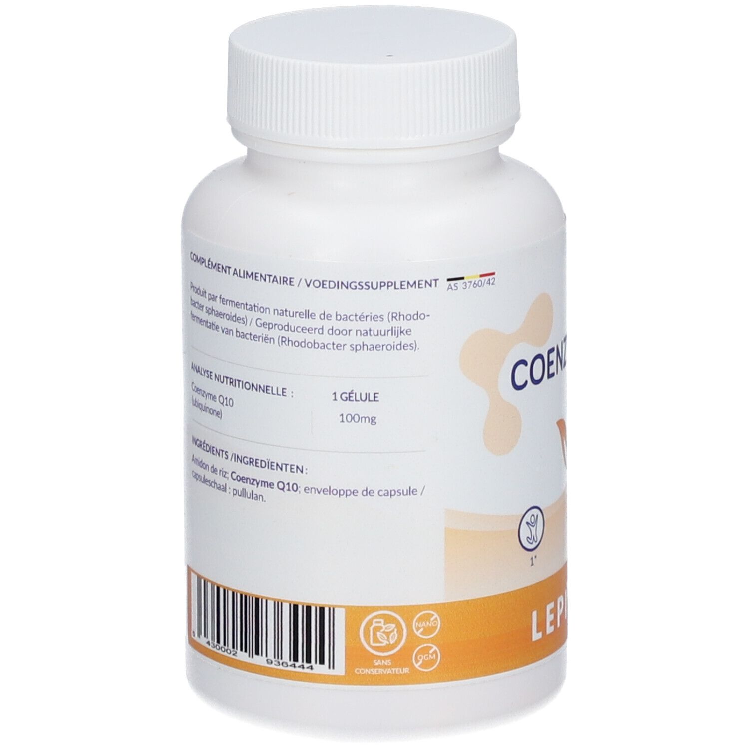 Achterkant van een witte fles met capsules. Bevat informatie over ingrediënten en voedingsanalyse. Merk: Leppin.