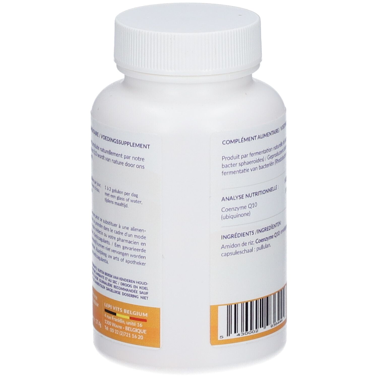 Zijaanzicht van een witte fles met capsules. Bevat informatie over gebruik en voedingsanalyse. Merk: Leppin.