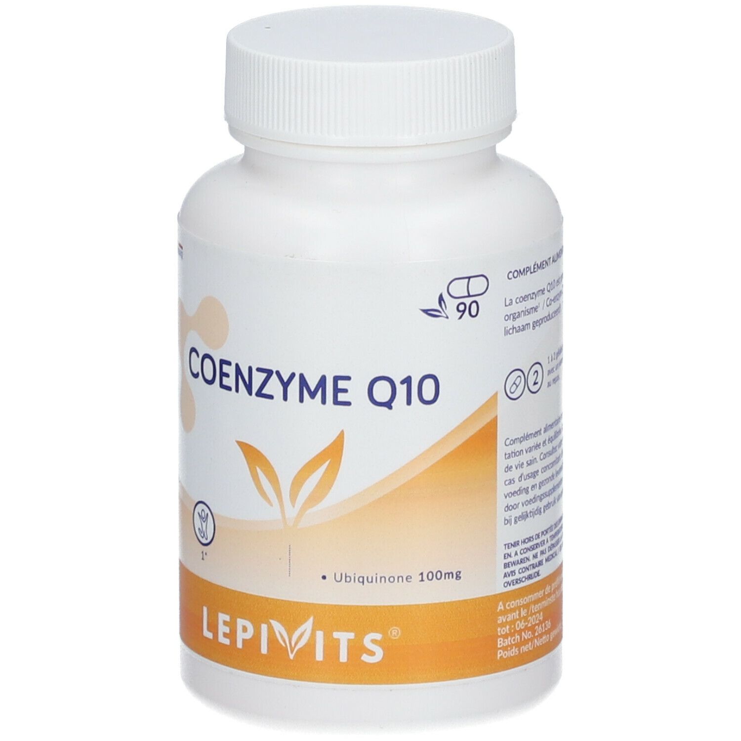 Witte fles met capsules. Opschrift: Coenzyme Q10, 90 capsules, Lepivits. Bevat 100mg co-enzym Q10.