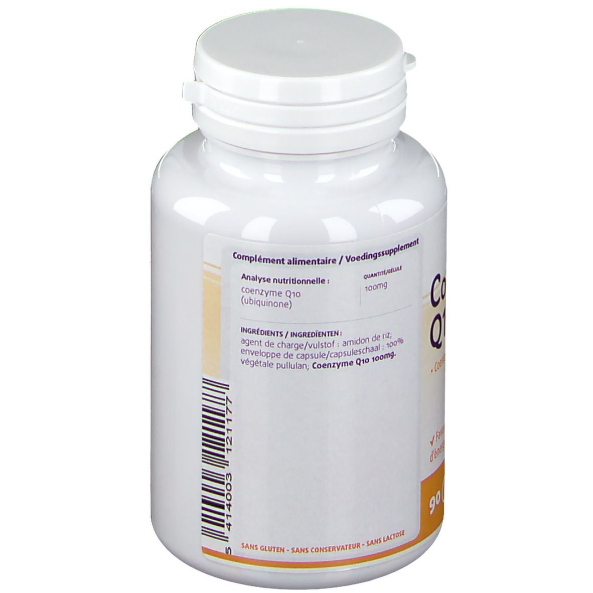 Achterkant van een witte fles met capsules. Bevat informatie over ingrediënten en voedingsanalyse. Merk: Lepivits.