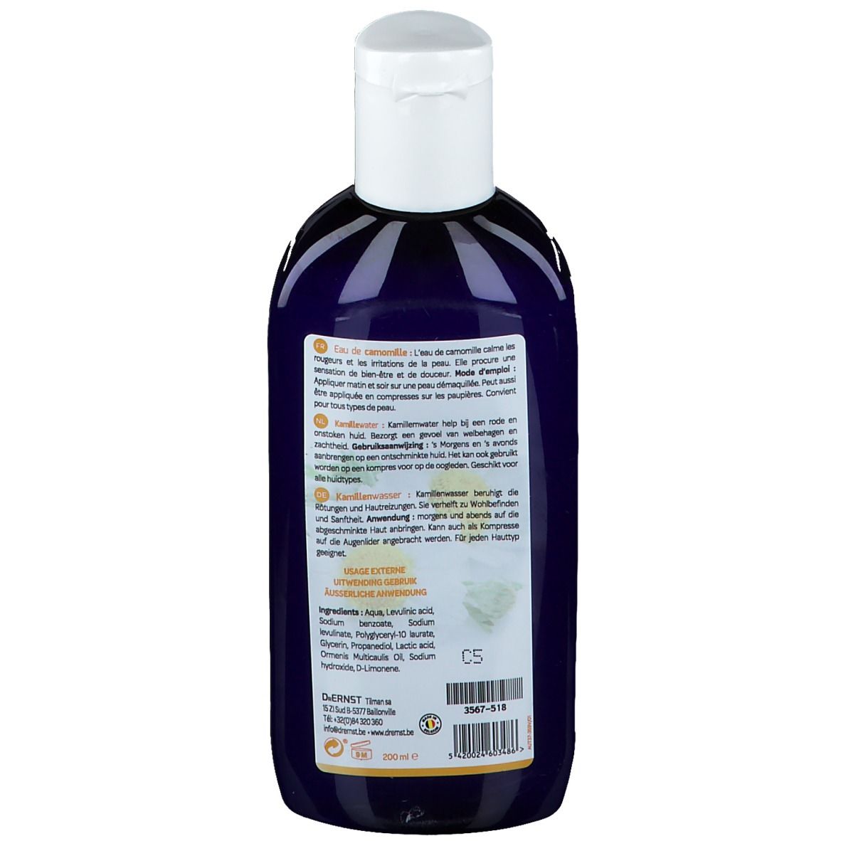 Dos du flacon. Texte en allemand et français. Liste des ingrédients. Inscription: Dr. Ernst. Avec certifications.